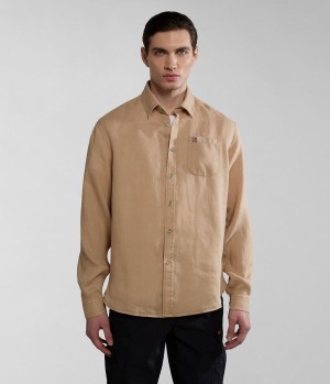 Kosele Napapijri Linen Long Sleeve Shirt Panske Béžové | 450289HQY