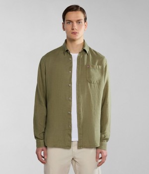 Kosele Napapijri Linen Long Sleeve Shirt Panske Zelene | 130465ZMP